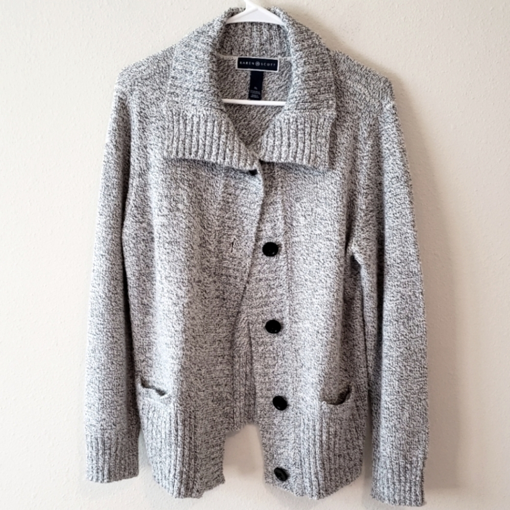 Karen Scott Black and White Gray Button Grandpa Knit Sweater Cardigan Medium